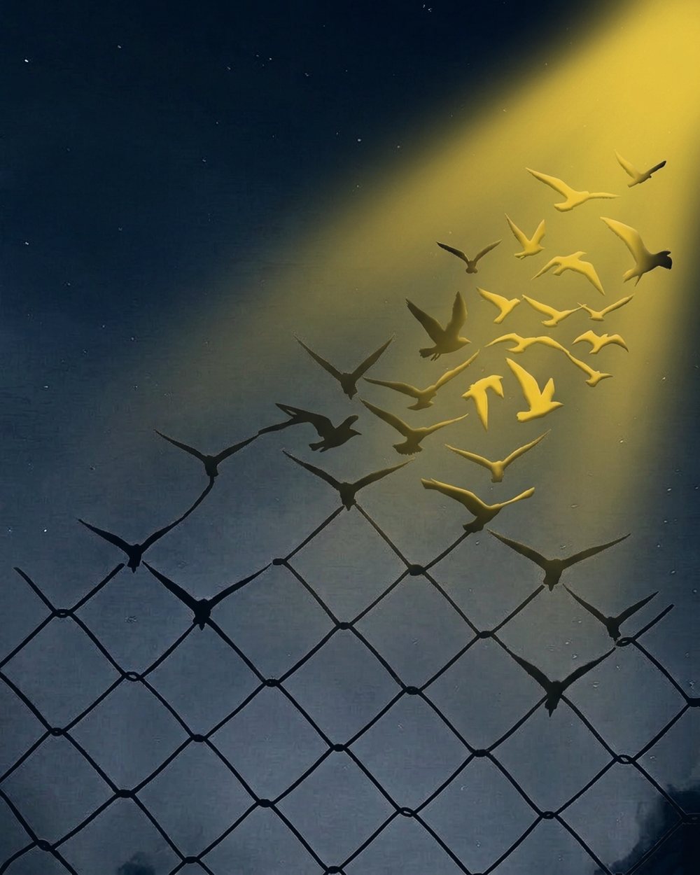 A wire fence turning into birds flying toward the light